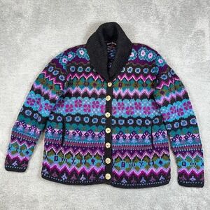 Vintage Lost Horizons Handknit Floral Wool Cardigan Nepal Cottagecore XL